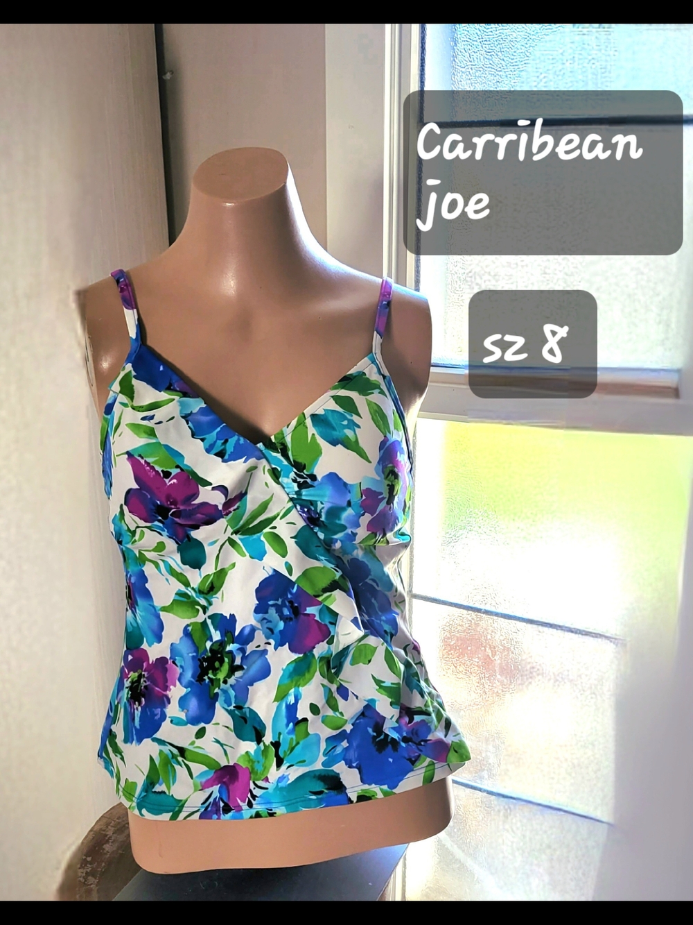 Caribbean Joe Blue, Purple & Green Floral Wrap-Front Tankini Top